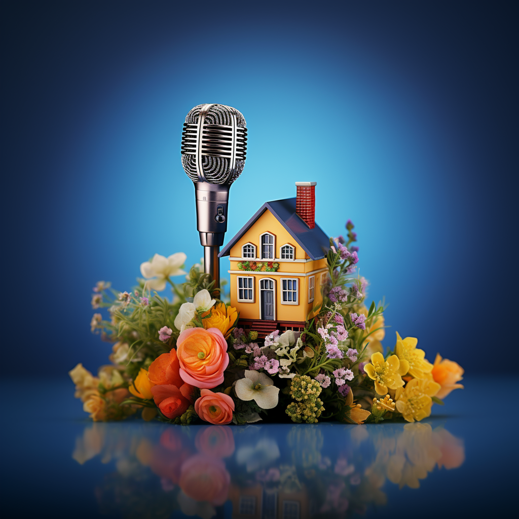 smilestack_microphone_with_a_house_with_flowers_with_a_flat_bac_5786a53b-197b-44e4-9796-6c77f67b3fc6